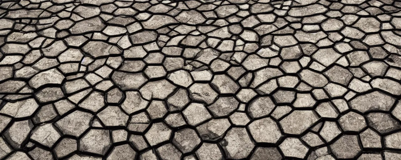 Image similar to rocky hexagon formations, rainy, wet, puddles, overcast, landscape