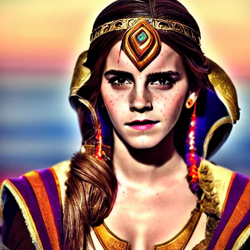 Image similar to Emma Watson modeling as Urbosa from Zelda, (EOS 5DS R, ISO100, f/8, 1/125, 84mm, postprocessed, crisp face, facial features)