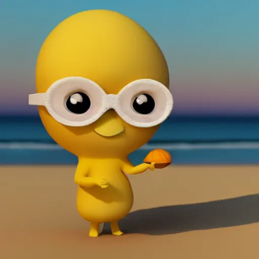 Image similar to 3 d render, chibi lemon character with an angry look on his face, he is wearing a hat, relaxing on the beach at sunset, beach, waves, sun, rim light, cinematic photography, professional, sand