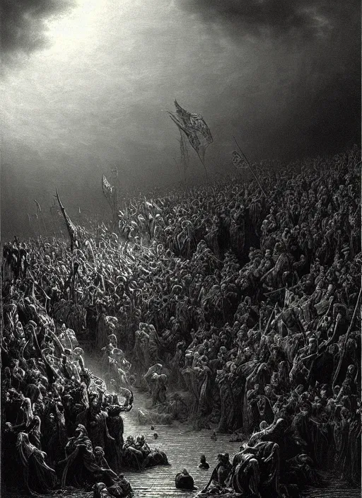 Image similar to hell, epic scene, photorealistic, highly detailed, texture, soft light, dramatic, moody, ambient, painting by gustave dore