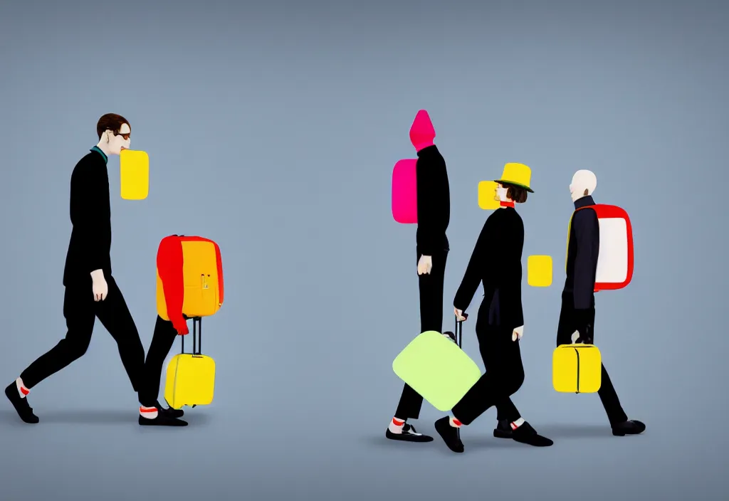 Image similar to full body portrait of a duo of young english tourists travel apparel, various poses walking and carrying luggage, geometric character designs painting, in the style of wes anderson, rene magritte, lola dupre, david hockney, isolated on white background, dark monochrome neon spraypaint accents octane render