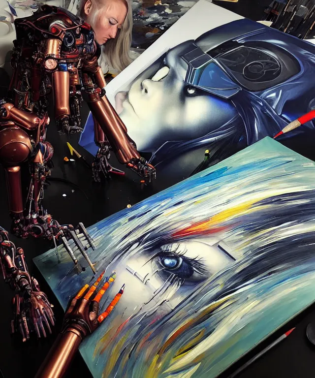 Prompt: photo of futuristic holy futuristic cyborg-robot-painter-artist creating a painting with acrylic paint and brushes in a futuristic artist studio by H.R Giger, by Ayami Kojima, Amano, Karol Bak, Greg Hildebrandt, and Mark Brooks, Neo-Gothic, gothic, rich deep colors. masterpiece, still from a 2021 movie by Terrence Malick, Tarkovsky, Gaspar Noe, James Cameron,