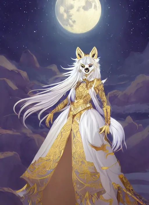 Image similar to commissioned full body portrait of a female anthro wolf-headed princess fursona with white hair wearing a white and gold chinese armored dress in a white and gold palace on a starry night with a large rescent moon, by a professional manga illustrator, Stanley Artgerm Lau, WLOP, Rossdraws, James Jean, Andrei Riabovitchev, Marc Simonetti, and Sakimichan, trending on artstation