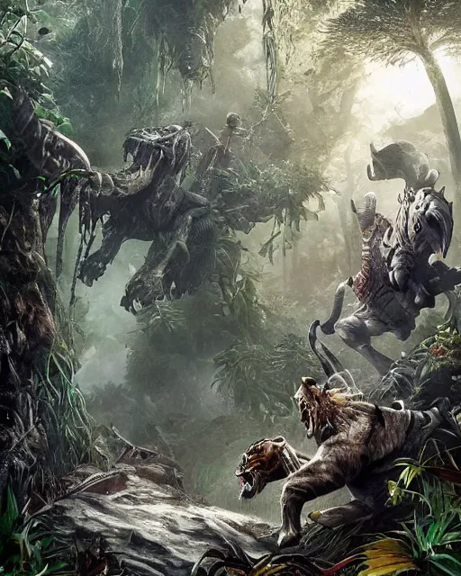 Prompt: a strong knight is facing a horrific, ravenous tiger in a densely overgrown, eerie jungle, fantasy, stopped in time, dreamlike light incidence, ultra realistic