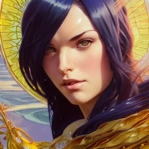 Image similar to highly detailed vfx portrait of nico robin, greg rutkowski, loish, rhads, makoto shinkai, tom bagshaw, alphonse mucha, sharp focus, art by artgerm and greg rutkowski, backlit, harsh overhead sunlight, blue eyes,