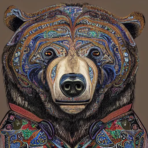 Image similar to a candid portrait of a bear wearing a paisley shirt, highly detailed, portrait painting, fairytale, fantasy, illustration by scott gustafson and art station