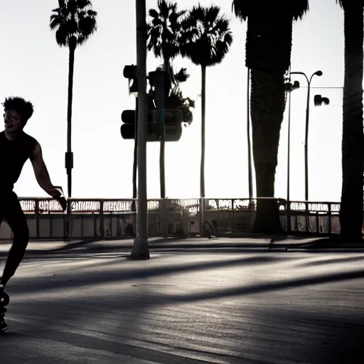 Image similar to a roller skater in a cinematic shot in santa monica, mid - afternoon, canon eos c 3 0 0, ƒ 1. 8, 3 5 mm, 8 k, medium - format print, inspired by roger deakins cinematography