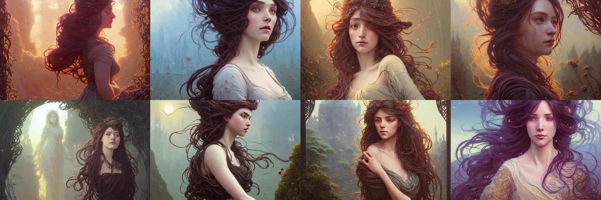 Image similar to highly detailed portrait of a woman with long hairs, stephen bliss, unreal engine, fantasy art by greg rutkowski, art nouveau, loish, rhads, ferdinand knab, makoto shinkai and lois van baarle, ilya kuvshinov, rossdraws, tom bagshaw, alphonse mucha, global illumination, radiant light, detailed and intricate environment