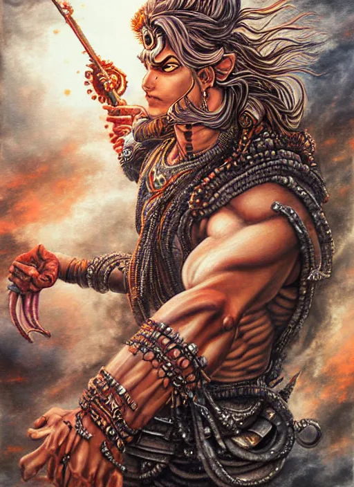 Image similar to god shiva the destroyer, 4!!! arms!!!! an ultrafine detailed painting by ayami kojima, cgsociety, fantasy, anime digital art, lovecraftian, cosmic horror, detailed painting