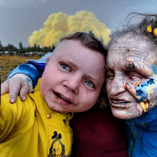 Image similar to selfie of the last surviving ukrainian with children, wild pain and damage to the body burns alive to the bone, painted in dirty yellow - blue colors, a huge nuclear explosion is approaching in the background, a very detailed photo