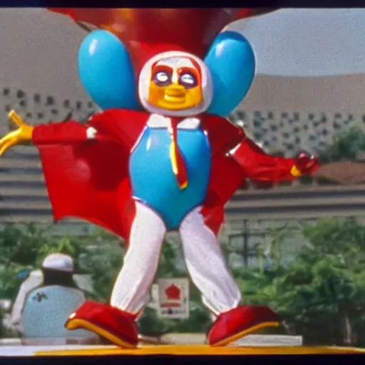 Image similar to A 1980s movie still of Jollibee as a supervillain