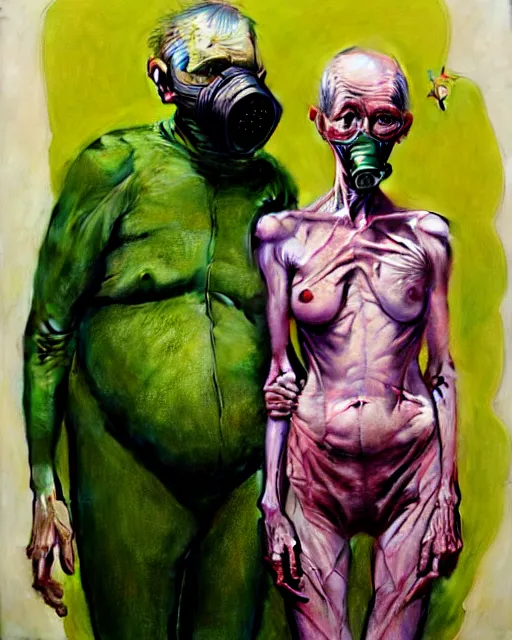 Image similar to two skinny old people with extra limbs, wearing gas masks and robes of gold, green and pink, cinematic, dystopian, eerie, horror, gothic, highly detailed painting by Jenny Saville, Esao Andrews, Francis Bacon, !!!Edward Hopper!!! surrealism, art by Takato Yamamoto and James Jean