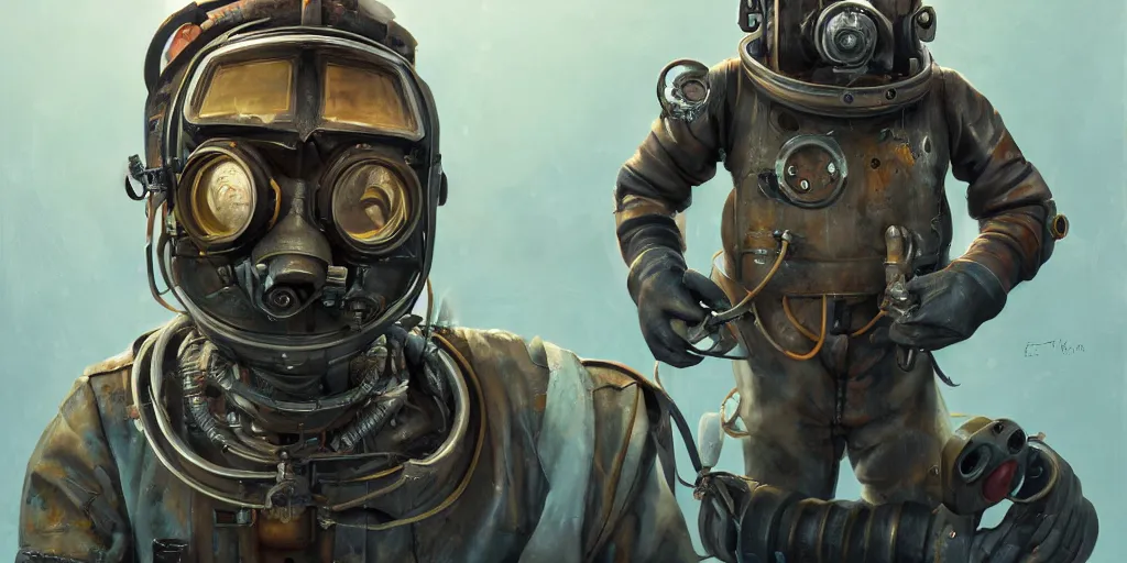 Image similar to highly detailed portrait painting of welder in atmospheric diving suit, perfect symmetrical eyes, by eddie mendoza and tyler edlin, windows, 8 k resolution