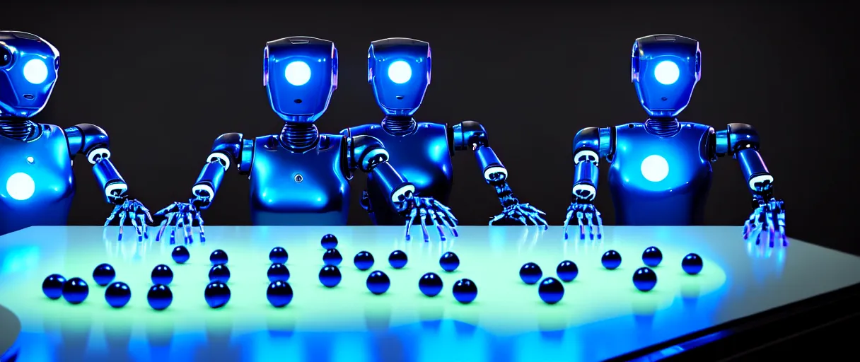 Prompt: a highly detailed photo of two futuristic matte blue and chrome full - body humanoid robots with glowing led eyes sit on large midcentury recliners facing off in an intense game of checkers. cinematic movie photograph, cinematic lighting, arri alexa, extremely detailed, smooth, very very clean, 8 k, octane render, maya render, unreal engine, trending on artstation, dslr