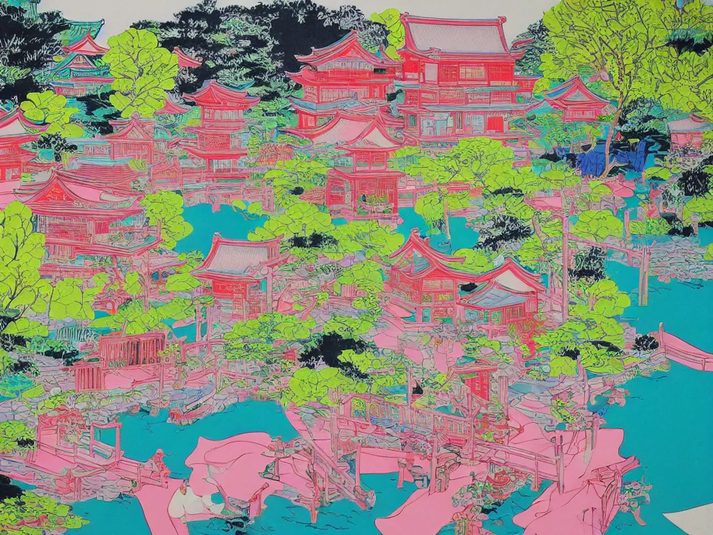 Image similar to image of a traditional japanese house with a garden, a pond in the garden, pink children are sitting around it, a combination of pop art and traditional japanese painting styles, the style of andy warhol, roy lichtenstein and jackie tsai, bright palette, acrylic on canvas