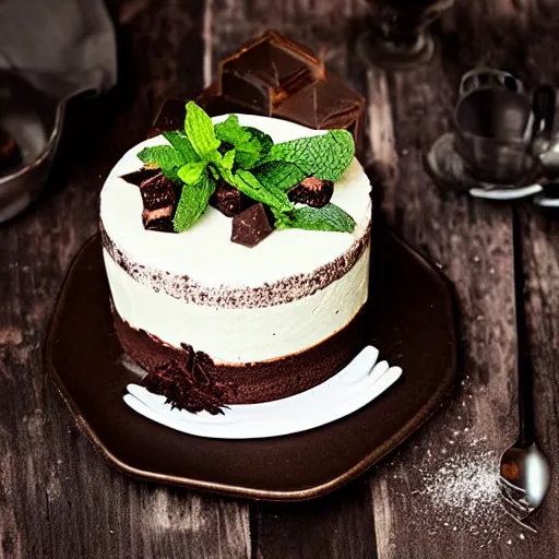 Image similar to “Food photography of “chocolate mint mousse cake” with garnishes, 85mm f1.2, extremely detailed”