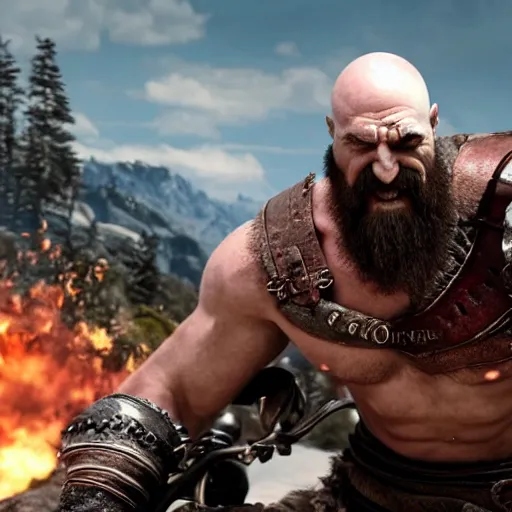 Image similar to kratos, with leviathan axe, jumping a black harley - davidson motorcycle off a cliff, cinematic render, playstation studios official media, god of war 2 0 1 8, flames, centered