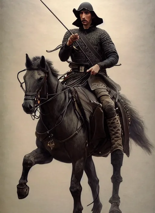 Image similar to painting of stoic king adam driver riding on horse together with his best friend john oliver, full body, military uniform, fantasy, intricate, elegant, beautiful, highly detailed, charcoal, centered, dark, smokey, digital painting, artstation, concept art, smooth, sharp focus, illustration, art by artgerm and greg rutkowski and alphonse mucha