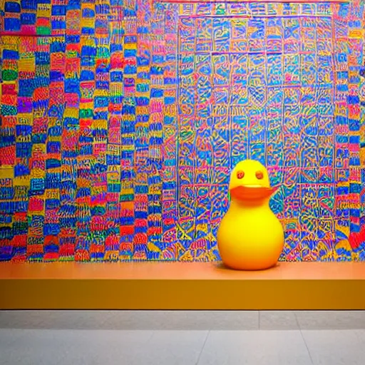 Prompt: one photorealistic rubber duck in foreground on a pedestal in an art gallery, the walls are covered with colorful geometric wall paintings in the style of sol lewitt, tall arched stone doorways.