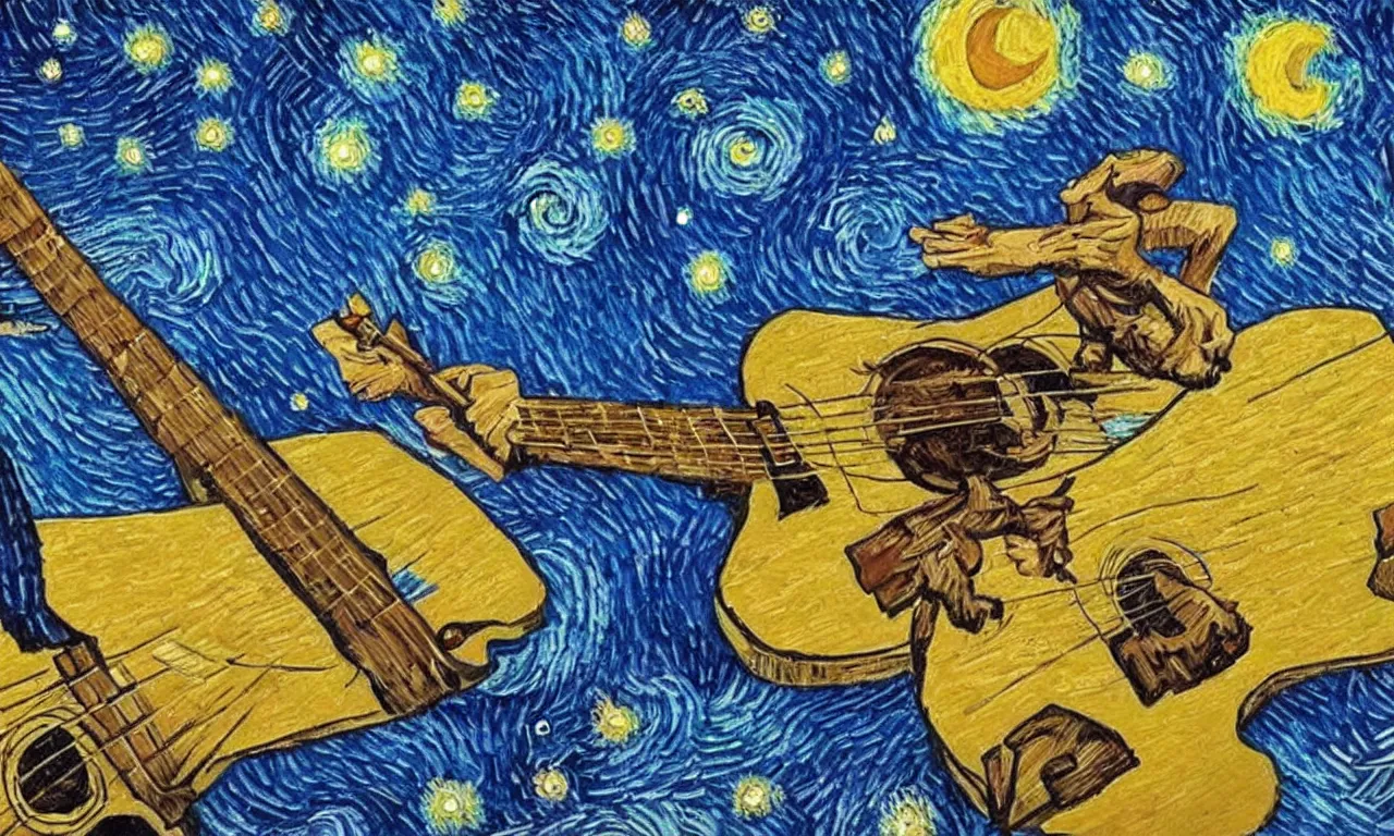 Prompt: 'high definition cg painting of a soviet cosmonaut playing the guitar in the style of van gogh's starry night'