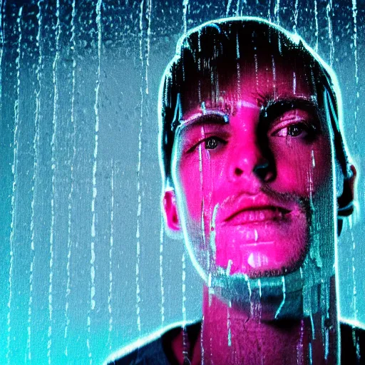 Prompt: a human portrait made out of rain, neon, beautiful, rendered in octane, unreal engine