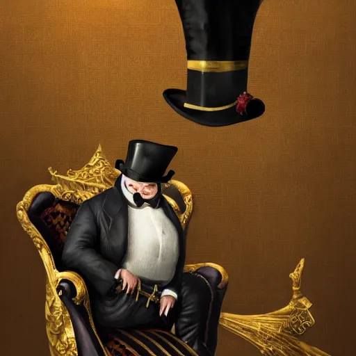 Image similar to oil painting of grumpy rich steampunk penguin, sitting in fancy chair, wearing top hat, looking at gold coin, steampunk factory background, sharp focus, fantasy style, octane render, volumetric lighting, 8k high definition, by greg rutkowski, highly detailed, trending on art Station, magic the gathering artwork, centered