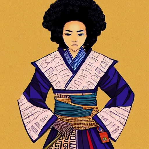 Image similar to “ afro - asian female samurai. savannah. ”