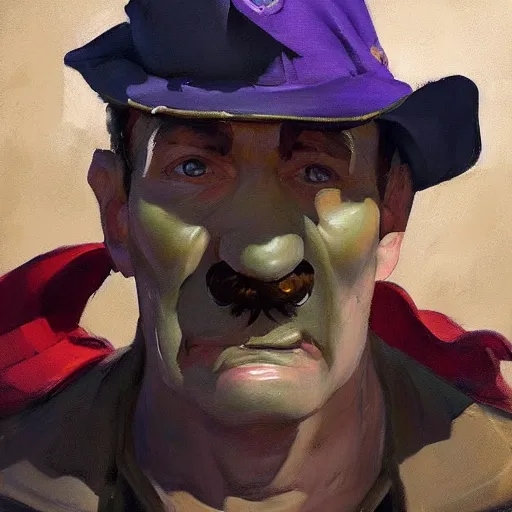 Image similar to greg manchess portrait painting of tactical waluigi, military art, medium shot, asymmetrical, profile picture, organic painting, sunny day, matte painting, bold shapes, hard edges, street art, trending on artstation, by huang guangjian and gil elvgren and sachin teng