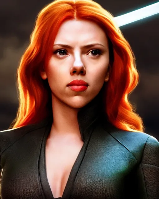 Image similar to scarlett johansson portraying a beautiful mara jade from star wars legends, beautiful scarlett johansson mara jade, in a black suit, without lightsaber, movie, hyper realistic, hollywood promotional image, imax, 8 k