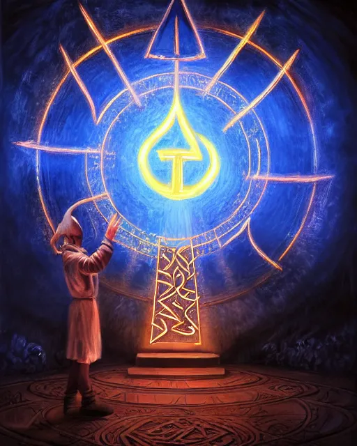 Image similar to photorealist painting of mage reciting an incantation and standing on glowing runes in the middle of dark room, high production value, intricate details, high resolution, hyperrealistic, hdr, high definition, masterpiece, ultra realistic, highly detailed, hd, sharp focus, non blurry, sharp, smooth