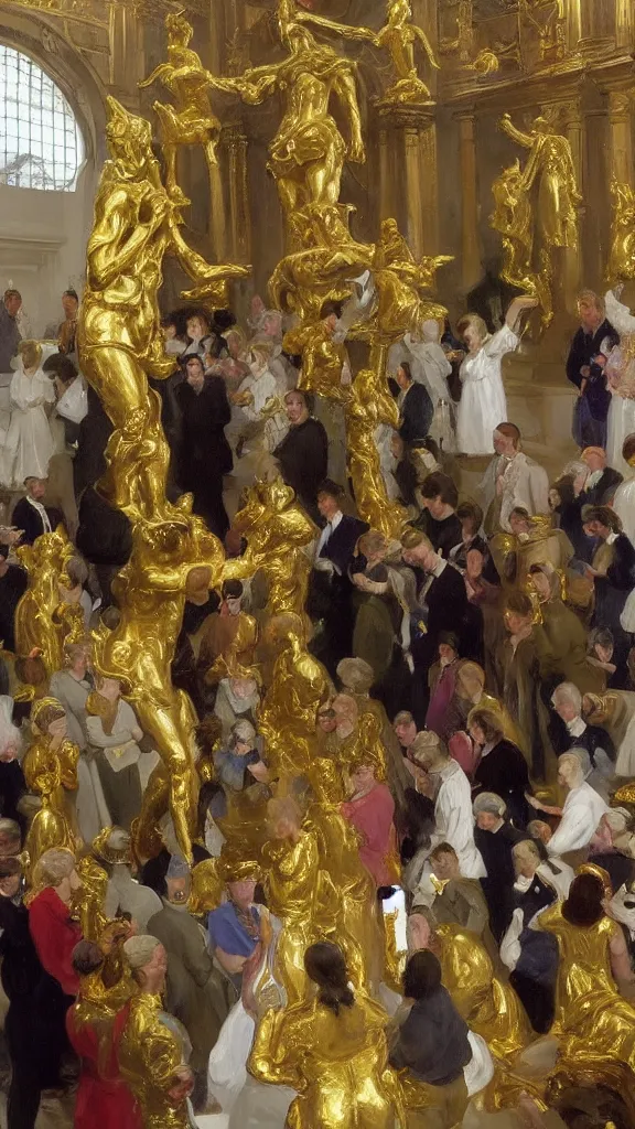 Image similar to a crowd of people pray a golden rabbit statue god in up center, botanical room by john singer sargent