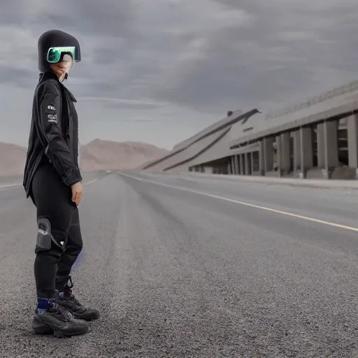 Image similar to photograph of a techwear woman, closeup, on a desert road with a futuristic city in the horizon, sigma 85mm f/1.4, 4k, depth of field, high resolution, 4k, 8k, hd, full color