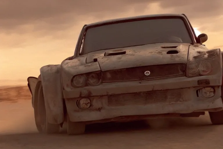 Image similar to Emma Watson driving in Mad Max Road Warrior, rusted, cobbled together Nissan R34 GTR, screenshot, cinematic Eastman 5384 film