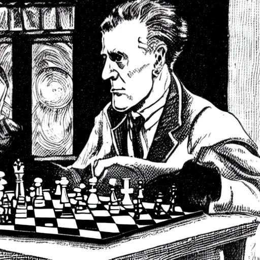 Prompt: ludwig wittgenstein and a humanoid robot playing chess, comic panel