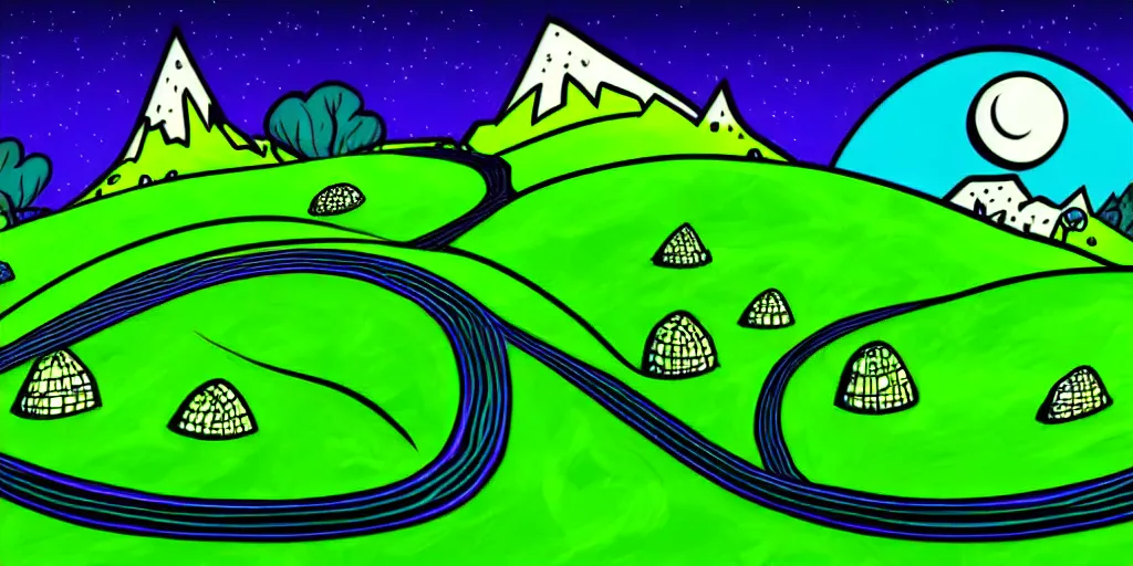 Prompt: night cartoon cartoon concept art, grass mountain landscape, from sam and max, black blue green, spiral lines, pastel colors