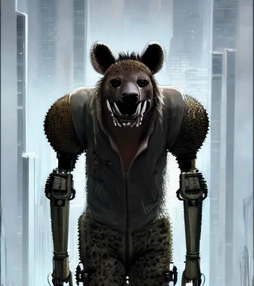 Prompt: new york city portrait icon of furry anthro anthropomorphic spotted hyena head animal person fursona wearing clothes strange cybernetic metal muzzle gloomy rainy screenshot from the video game cyberpunk 2077 digital art by Greg Rutkowski, Simon Stalenhag, christopher nolan trending on Artstation, CGSociety