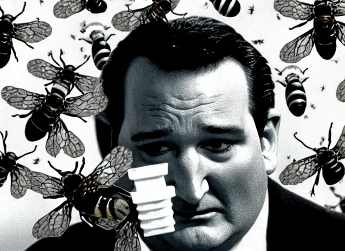 Image similar to film still of ted cruz as the candyman with bees coming out of his mouth in candyman 1 9 9 2