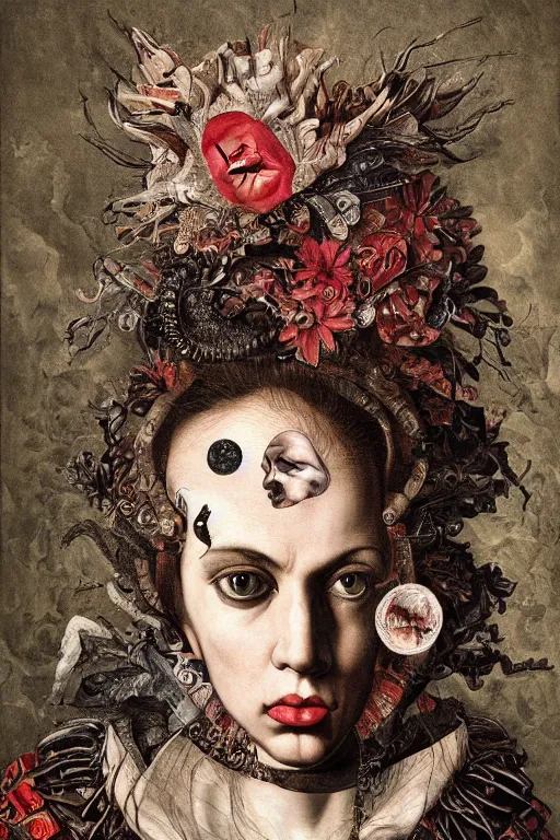 Image similar to Detailed maximalist portrait with large lips and with large white eyes, angry, exasperated expression, HD mixed media, 3D collage, highly detailed and intricate, surreal illustration in the style of Caravaggio, dark art, baroque