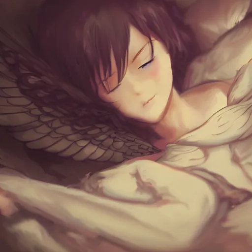 Prompt: a girl with wings sleeping in night,anime,artstation, very detailed