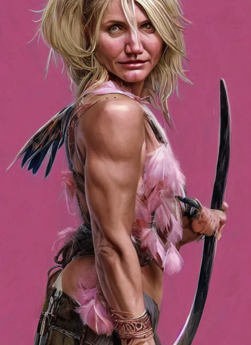 Image similar to serious looking Cameron Diaz as a ruggedly handsome heroine wearing pink feathers and wielding a glowing bow, intricate, elegant, tasteful, highly detailed, centered, digital painting, artstation, concept art, smooth, sharp focus, illustration, art by artgerm and donato giancola and Joseph Christian Leyendecker, WLOP