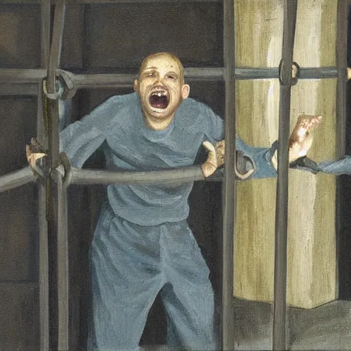 Image similar to a screaming prisoner holding prison bars, realism old painting