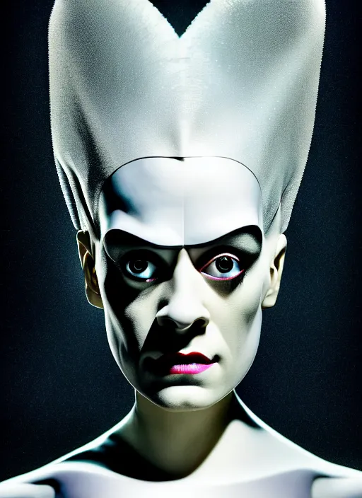 Image similar to portrait of beautiful gentle futuristic bride of frankenstein from the movie bride of frankenstein, kintsugi, modern fine art, fractal, intricate, elegant, highly detailed, digital photography, subsurface scattering, by jheronimus bosch and greg rutkowski, still from the movie ex machina, smooth healthy skin, high key lighting