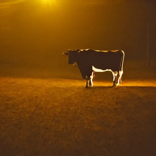 Image similar to closeup, a cow flying at night, flashlight, creepy, cinematic dramatic atmosphere, smooth, sharp focus, cinematic shot, movie scene, horror movie