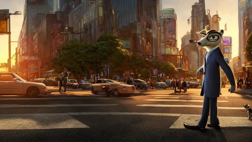 Prompt: An anthropomorphic raccoon businessman is walking down a busy crosswalk at sunset, warm lighting with an orange glow blanketing the cityscape, zootopia, other anthropomorphic characters are walking by him, extremely detailed, HDR, sideview, solemn and moody, many cars and animal people in the background, detailed face and eyes, large and detailed eyes with visible pupils, the ground is wet with many rain puddles, reflections from the water on the ground, shadows are being cast from the cars and people walking around