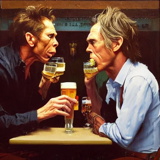 Image similar to Tom Waits and Iggy Pop drinking in a pub, oil painting by Phil Hale Jeremy Lipking norman rockwell