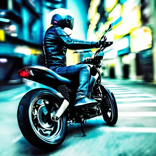 Prompt: a black ( ( ( honda cmx 5 0 0 rebel ) ) ) motorcycle, ridden fast by a metallic futuristic alien cyborg, through the streets of 2 0 5 0's tokyo, neon signs, blurred crowded streets, slight motion blur background