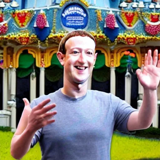 Image similar to badly photoshoped mark zuckerberg in disneyland