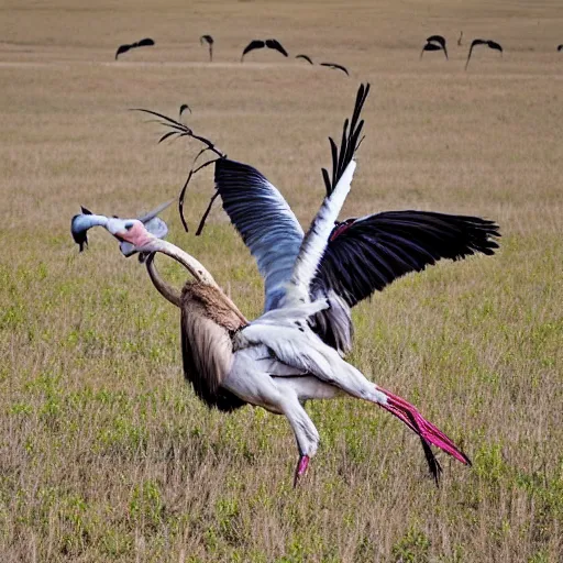 Image similar to secretary bird fighting an ostrich, in a cotton candy field