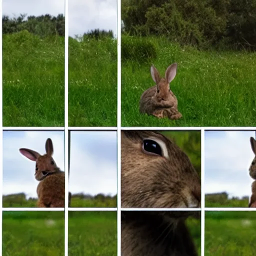 Image similar to a rabbit jumping up over a fence, shown as a film strip showing 9 sequential stills from the video clip in a grid