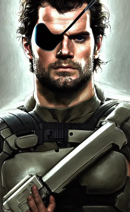 Image similar to portrait of henry cavill as solid snake, eye patch, metal gear solid, upper body,, henry cavill!!!, fantasy, intricate, elegant, highly detailed, digital painting, artstation, concept art, smooth, sharp focus, illustration, art by artgerm and greg rutkowski and alphonse mucha